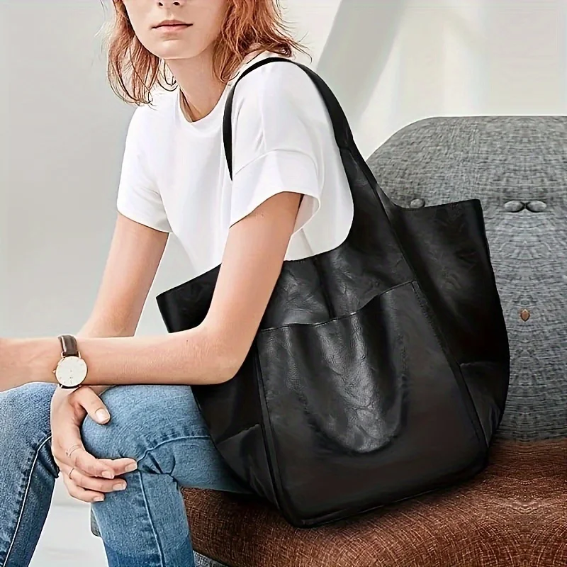 Retro Minimalist Tote Bag Large Capacity Shopping Bag Fashion PU Leather Soft Leather Shoulder Bag