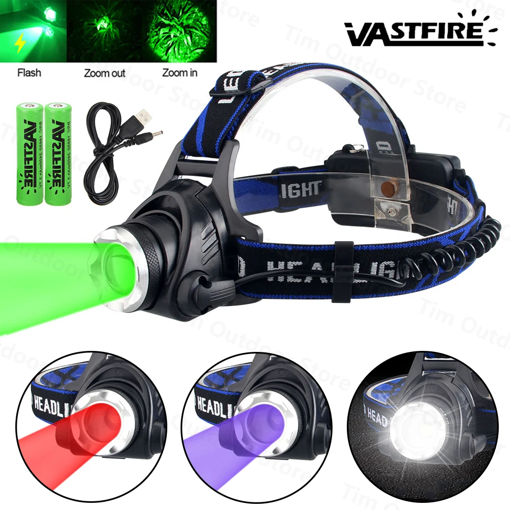 Tactical Headlight Red/Green/Purple/White Light Head Torch Zoomable LED USB Charging 3 Modes Headlamp Power Headlight Hunting 