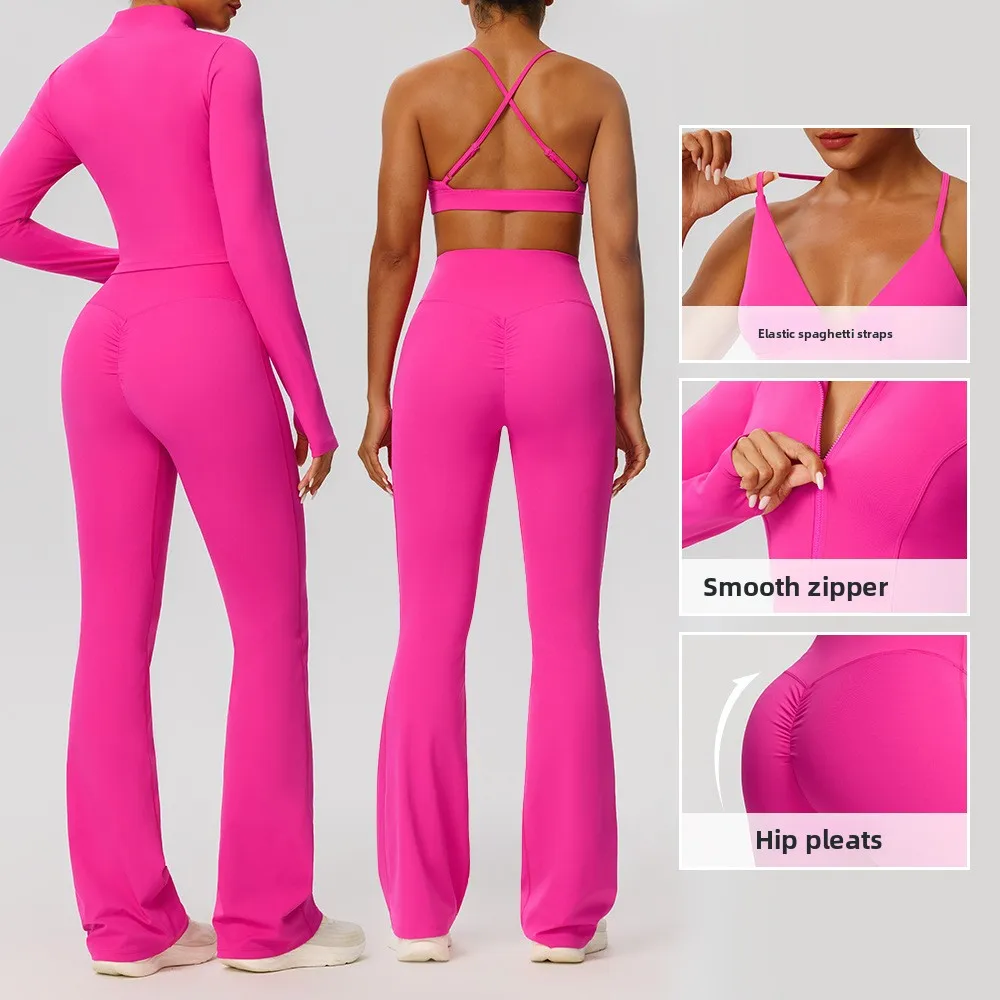 Yoga wear set - Women's high-stretch tight sports outfit - Naked and breathable - Outdoor running and fitness three-piece set