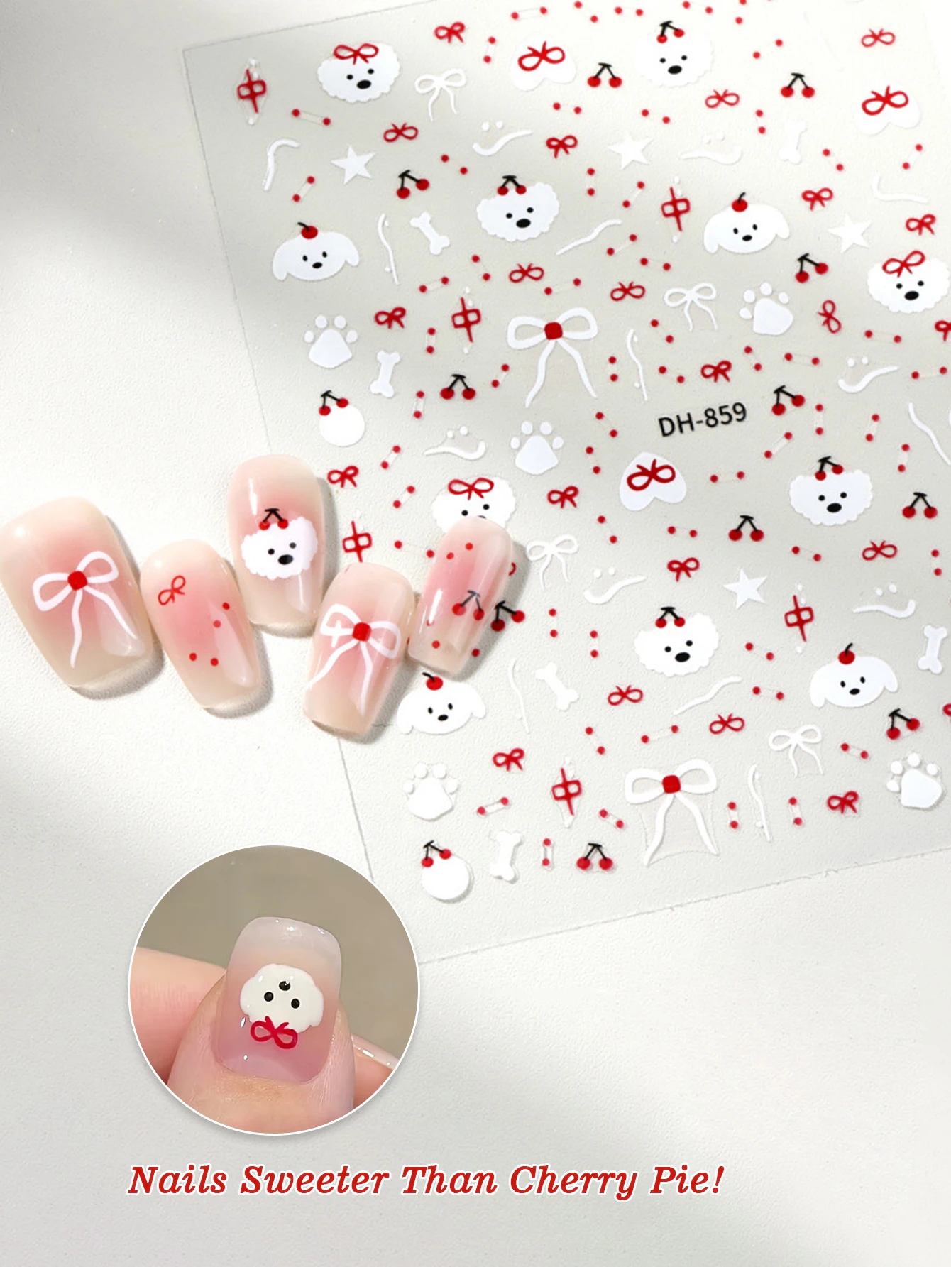 1/2 Śliczne naklejki na paznokcie DIY Wiśnia Pies Wzór Naklejki do dekoracji paznokci Płaskie Kokardki Wodoodporne i Trwałe