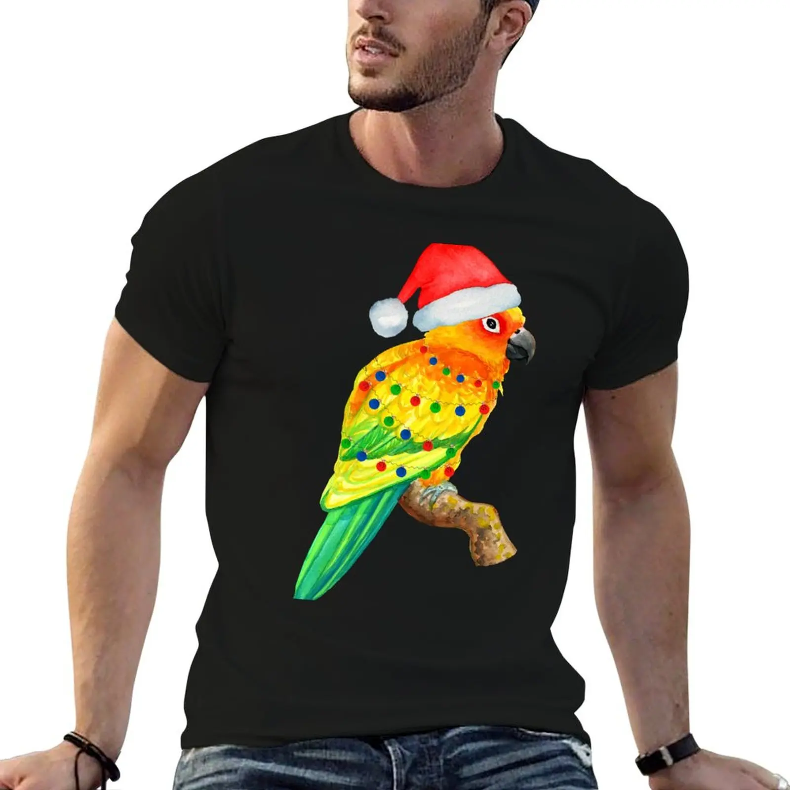 

Christmas Sun Conure Parrot Santa Hat & Christmas Lights T-Shirt t shirts for man graphic vintage man t shirt cotton T-Shirt