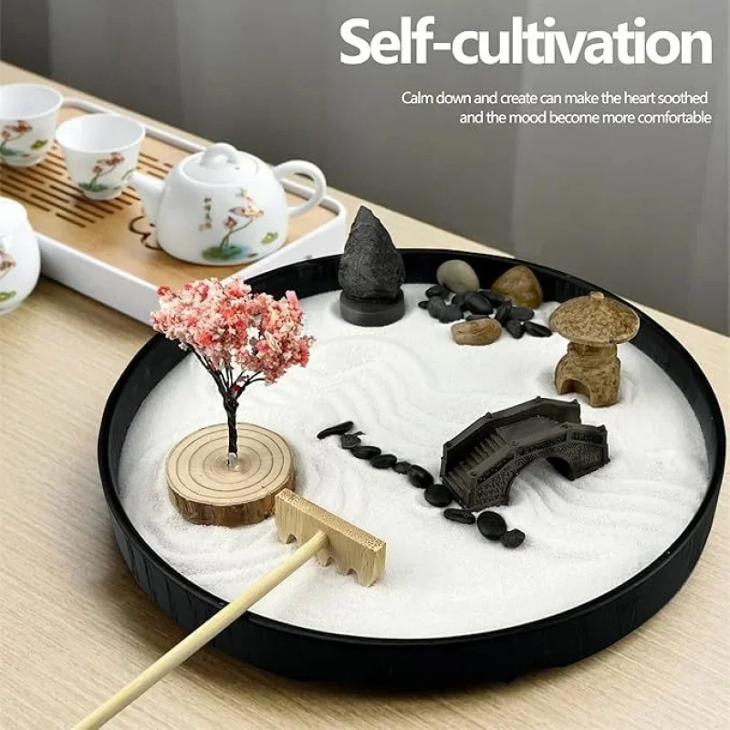Zen Garden Sand Tray Desktop Decoration - Stress Relief Crafts & Ornaments for Office & Home