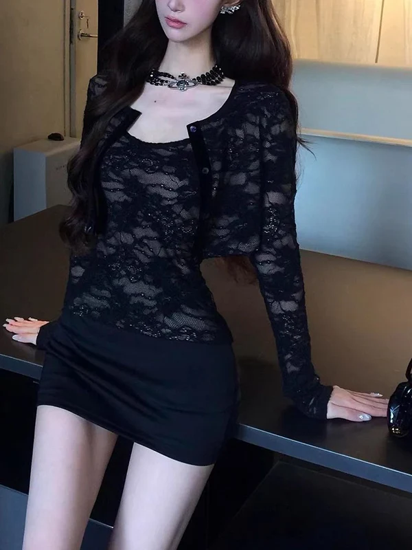 Summer Long Sleeve Lace Splicing Slim Fit Top And Cardigan Two Piece Set for Women High Waist round Neck Micro Elastic Fashio...