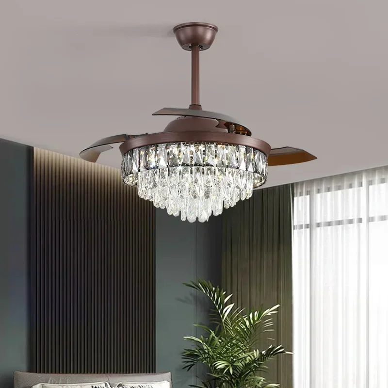 

42 Inch Crystal Ceiling Fans Light LED Chandeliers Invisible Blades Living Room Bedroom Remote Control Pendant Lights Fan Lamps