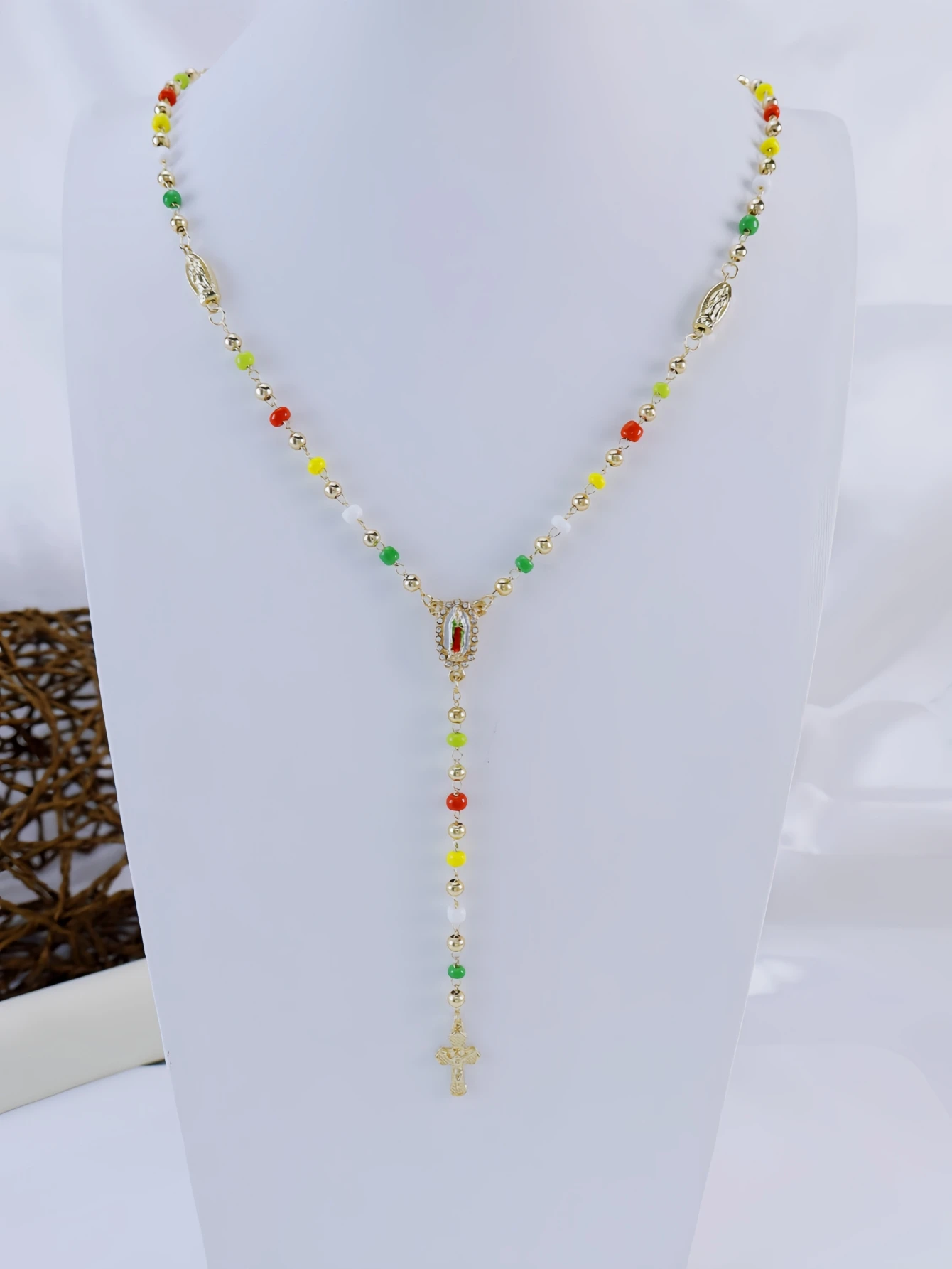 Vintage Colored Terracotta Beads Y-Necklace with Pendant Cross Featuring Virgin Mary St. Jude & Santa Muerte for Fashion Bohemia