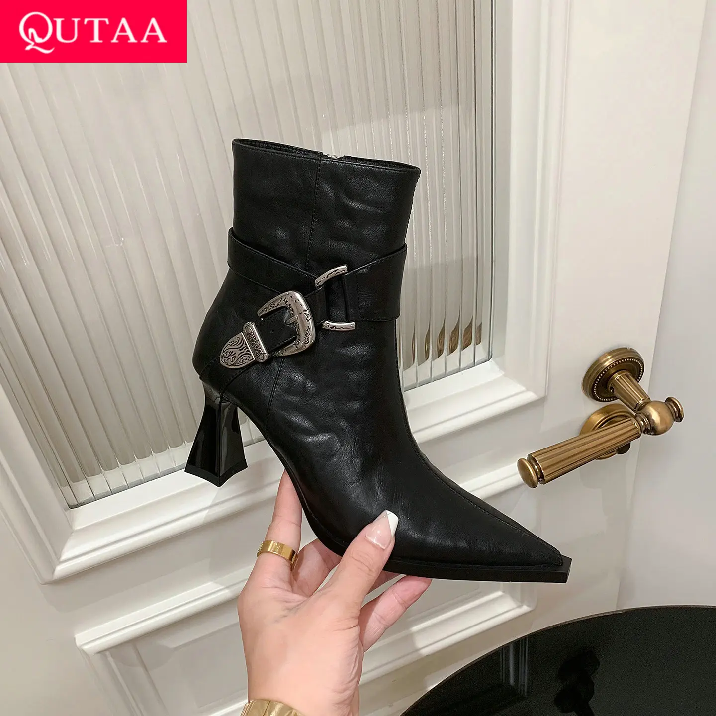 

QUTAA Fashion Winter Women Ankle Boots Autumn Cow Leather Zipper Shoes High Heels Buckle Pointed Toe News Lady Short Boots 34-40