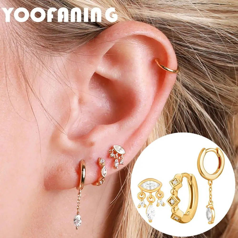 925 Sterling Silver Ear Needle Fashionable Combination Gold Silver Hoop Earrings Pendant Chain Design Women's Jewelry Party Gift