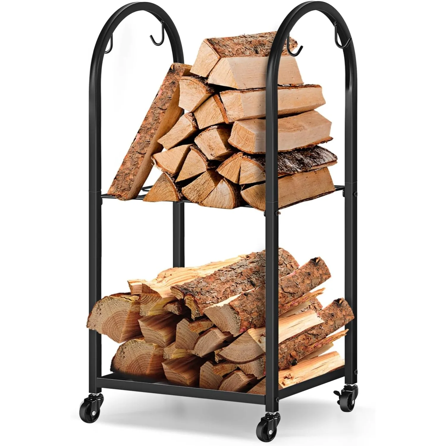 

Mobile Firewood Rack w/Wheels & 4 Hooks - Indoor/Outdoor Log Holder for Fireplace, Patio, Stove, Black 52x32x85cm