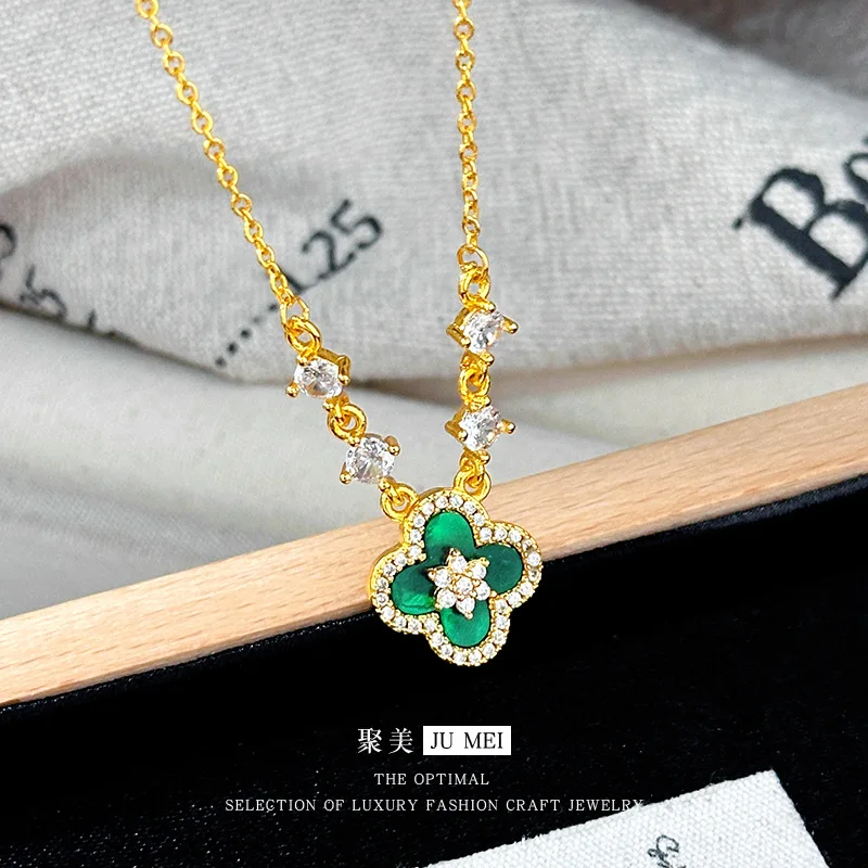 Light luxury 24K real gold four-leaf clover necklace high-end feelingfemale 9999 diamond-set design  shell collarbone chain