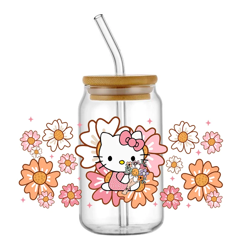 Miniso Cartoon Hello Cat 16OZ UV DTF Cup Wraps Transfer Sticker For Glass Libbey Can Bottle Selfadhesive Washable DIY Custom