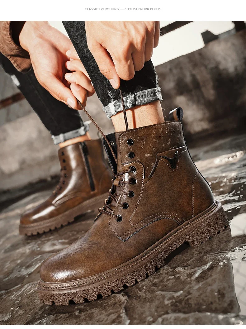 6cm Invisible Height Increasing Men Boots Leather Outdoor Autumn Winter Shoes Warm Non-Slip Comfortable Elevator Ankle Boots