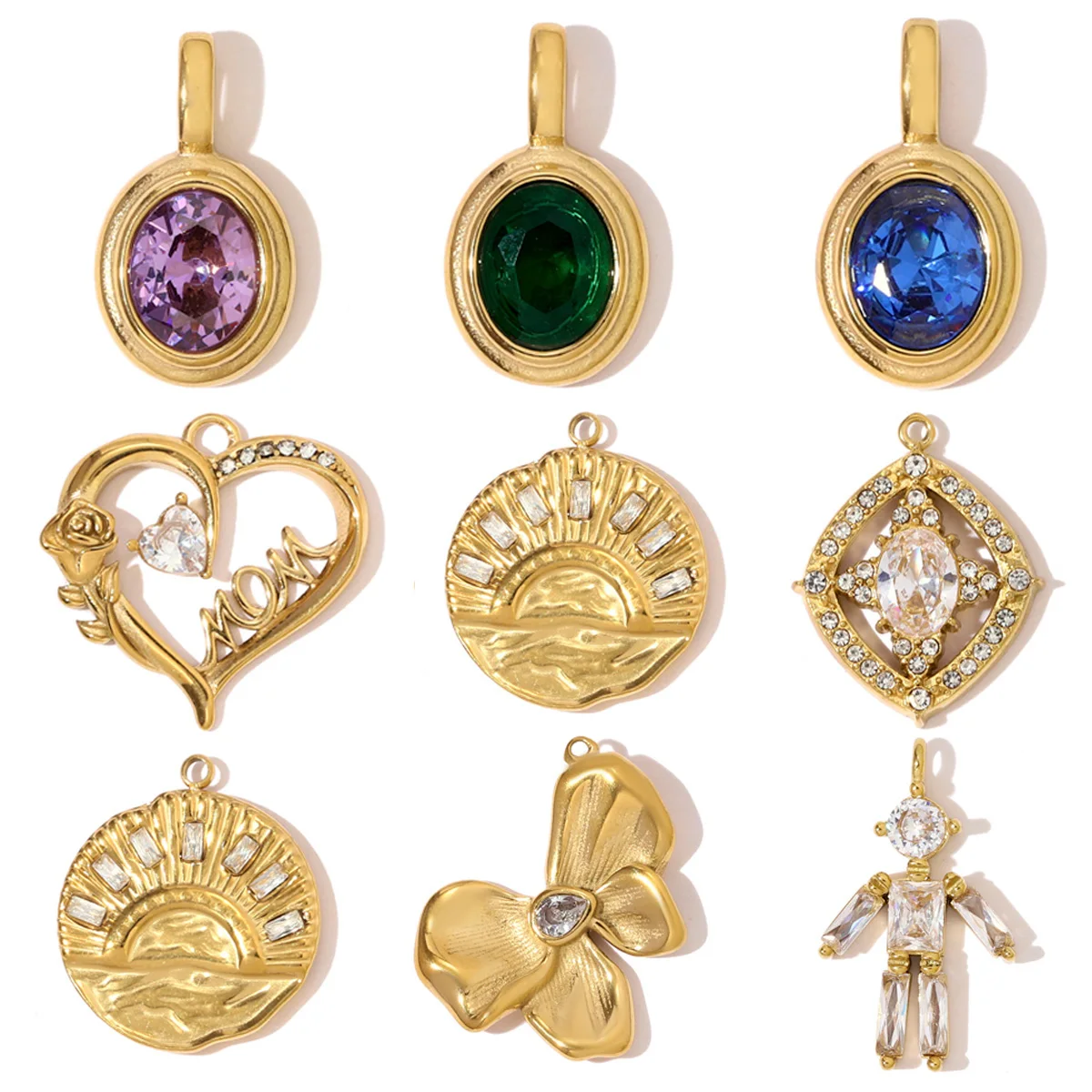 3 Stück/Set Französische Edelstahl-Zirkon-Anhänger in Herz-, Kleeblatt- und Sonnenform, DIY-Charms, Blumen- und Kleiner-Junge-Motiv, Halsketten-Anhänger, Geometrischer Damenschmuck