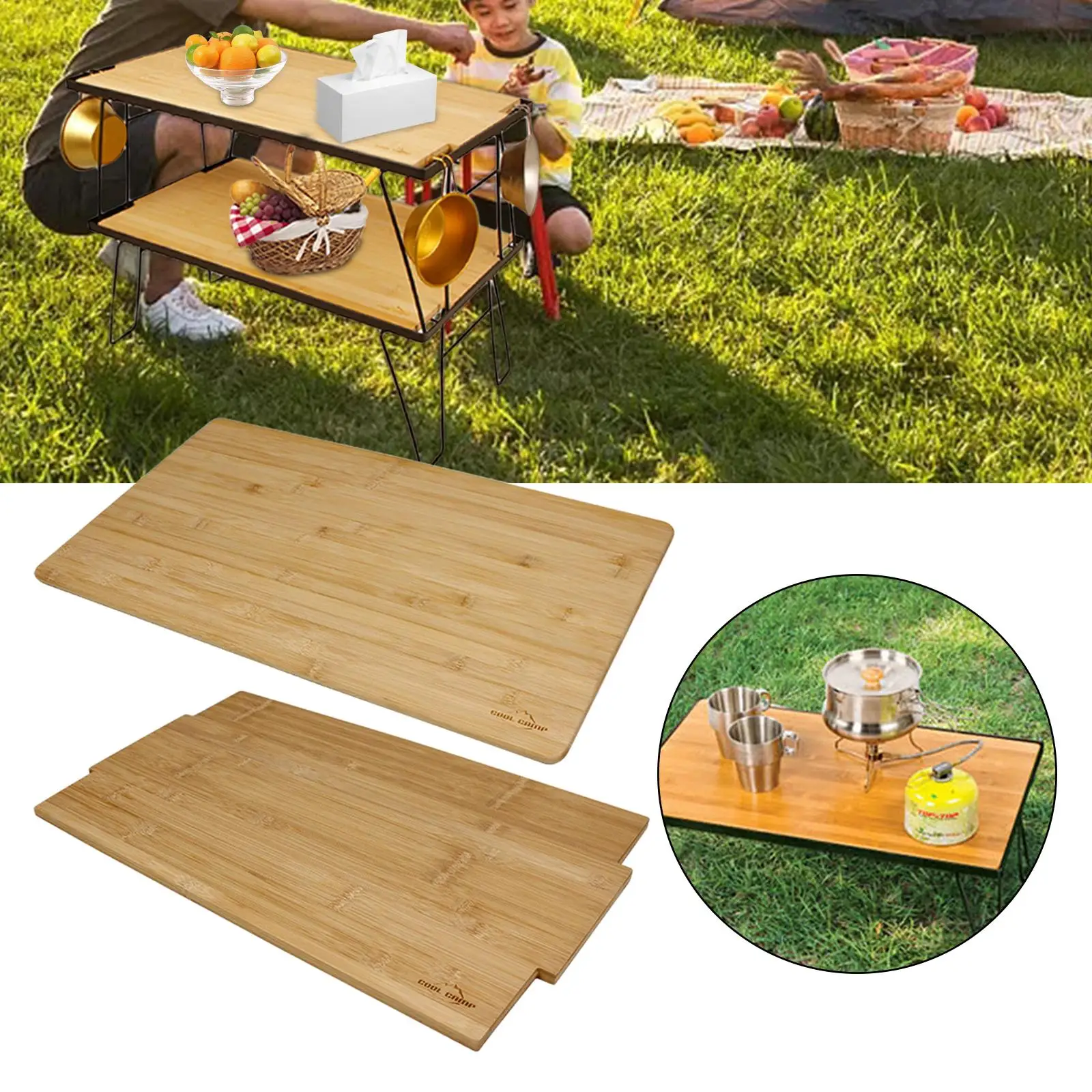 Mesa de acampamento dobrável multifuncional, cremalheira de armazenamento, placa de madeira de bambu, churrasco para mochila, piquenique, caminhadas