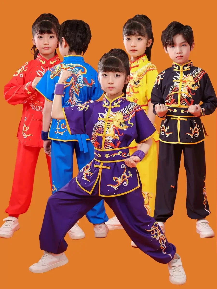 

2024 chinese children tai chi wushu clothing martial arts suit kung fu uniform wing chun shaolin dragon print vintage kungfu set