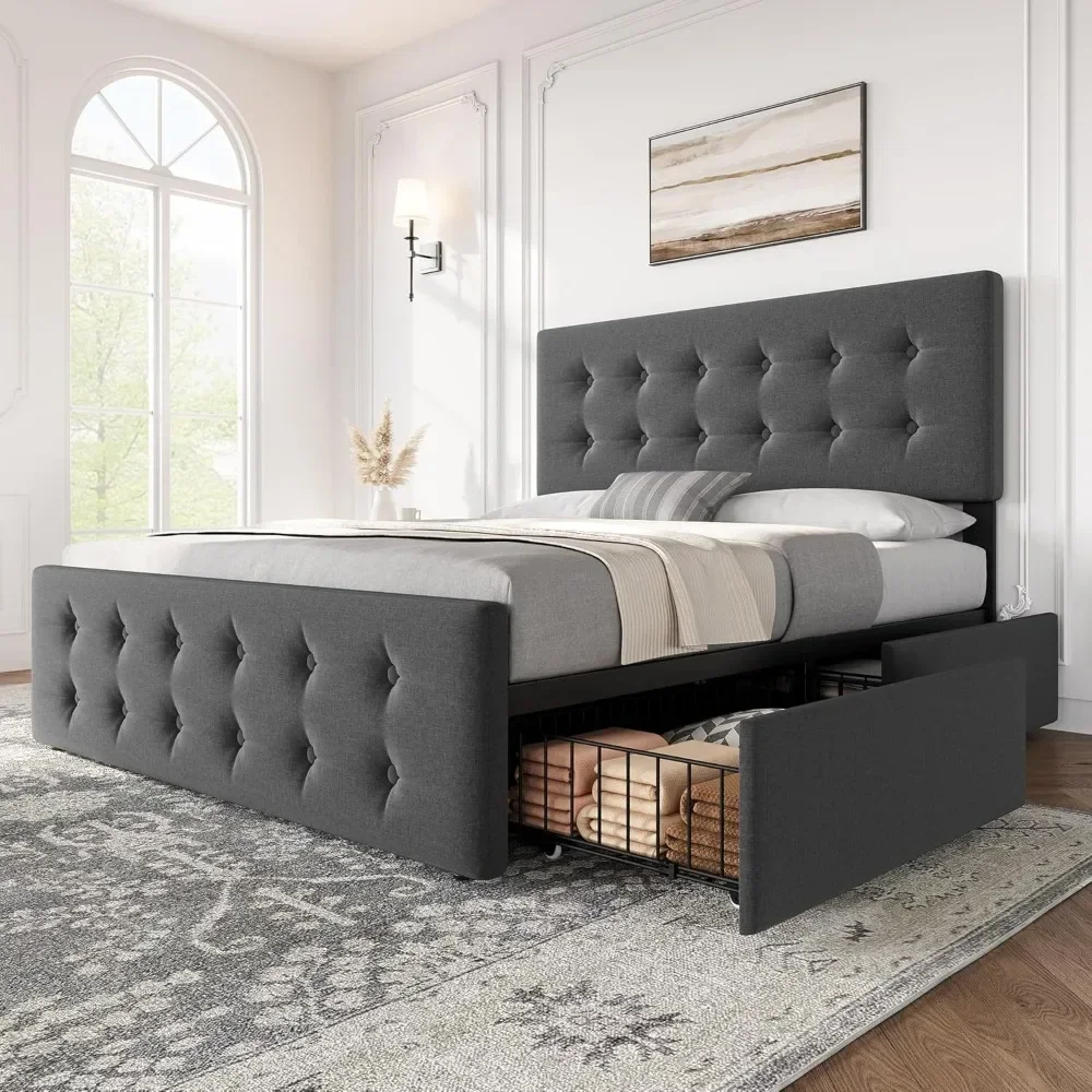 Bed Frame with 4 Storage Drawers and Adjustable Headboard, Upholstered Mattress Foundation with Skin-Frienly Linen