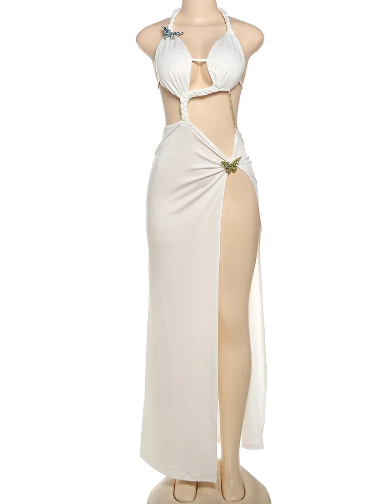 Leosoxs Hollow Split Women Dress Summer Trend Sexy Y2K Metal Butterflies Sleeveless Backless Bandage Whip Split Maxi Bodycon