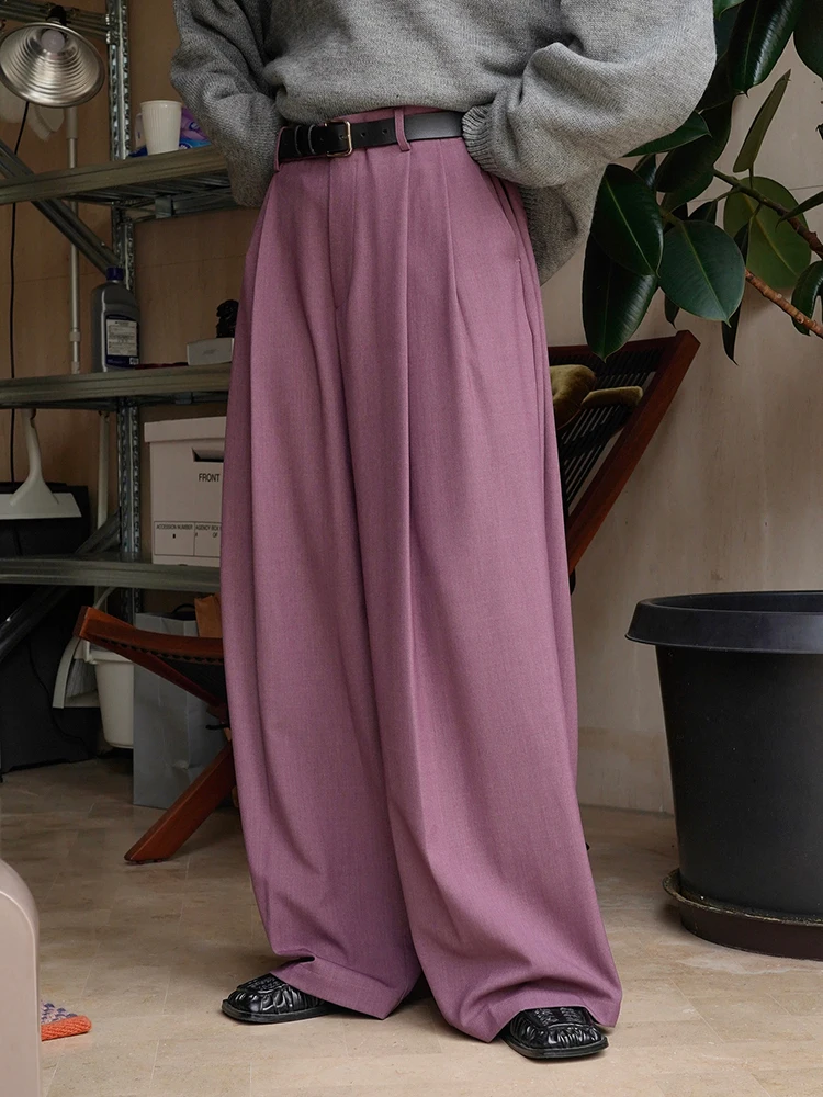 [EAM] High Waist Purple Brief Long Wide Leg Elegant Pants New Loose Fit Trousers Women Fashion Tide Spring Autumn 2024 1DH1026