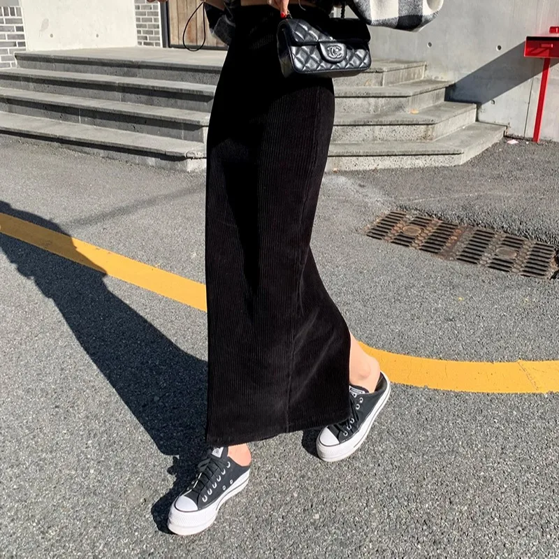 Chic Comfortable Corduroy High Waist Bodycon Skirt Back Split Women's Fashion Autumn New Arrival Polyester Elastic Fiber