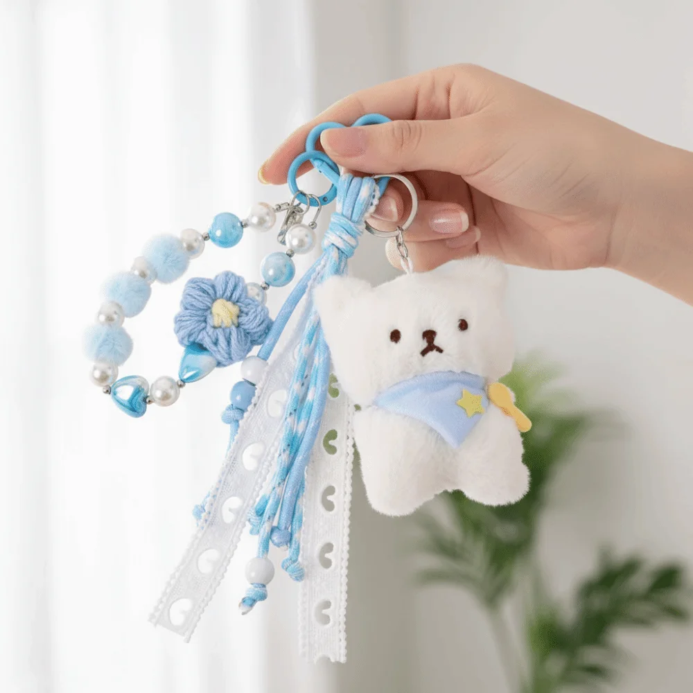 귀여운 구슬 체인 플러시 스타 키체인 카와이 소프트 스타 인형 펜던트 봉제 컴포트 베어 플러시 펜던트 어린이 선물