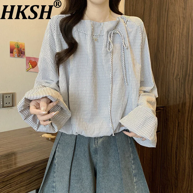 

HKSH Spring Autumn New Women Shirt Striped Long Sleeve Lace-up Elegant Temperament Korean Stylish Casual High Street Top HK11981