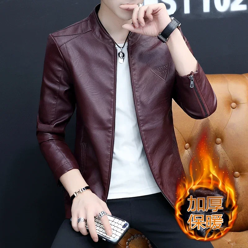 

New Men's Fashion Casual Fit Solid Color Everything Comfortable Handsome Gentleman Solid Color UP Leather Jacket Leather Jacket