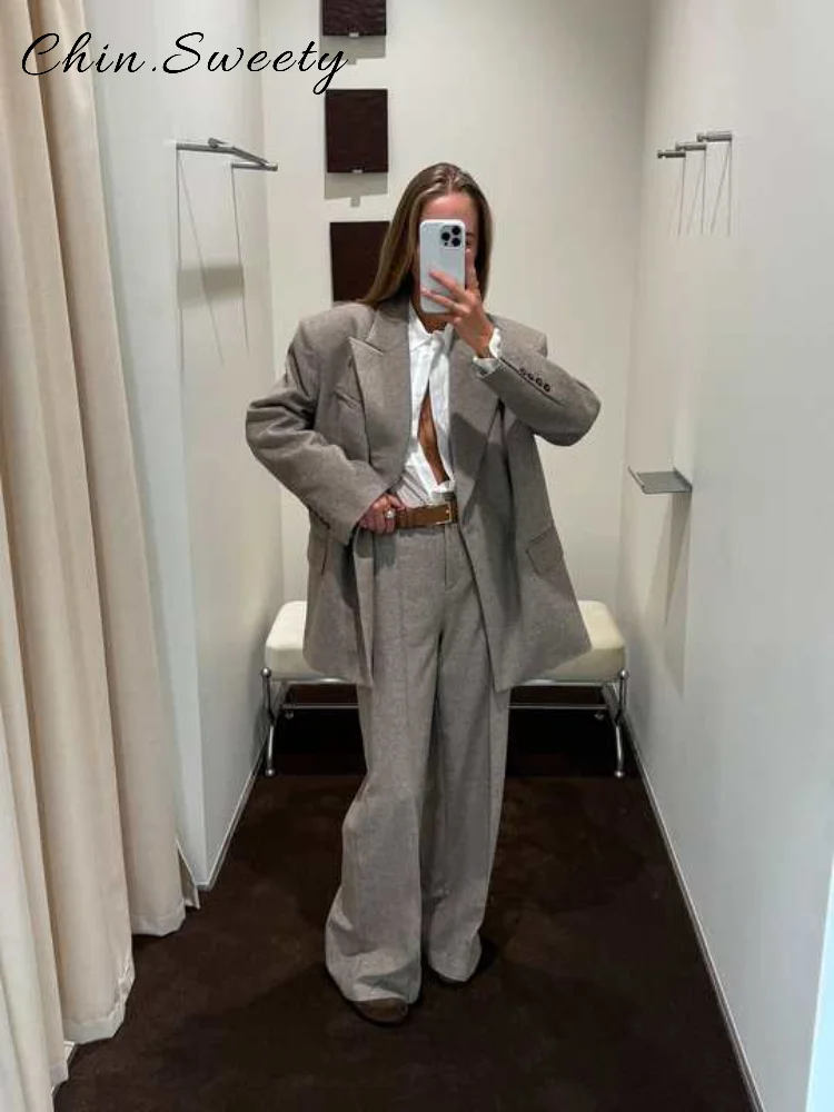 

Chic Side Slit Suit Jacket Women Solid Loose Lapel Long Sleeve One Button Fake Pockets Coat 2025 Autumn Winter Lady Street Coats