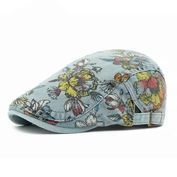 Four Seasons Cotton Flower Print Newsboy Caps Flat Peaked Cap Men and Women Painter Beret Hats 163