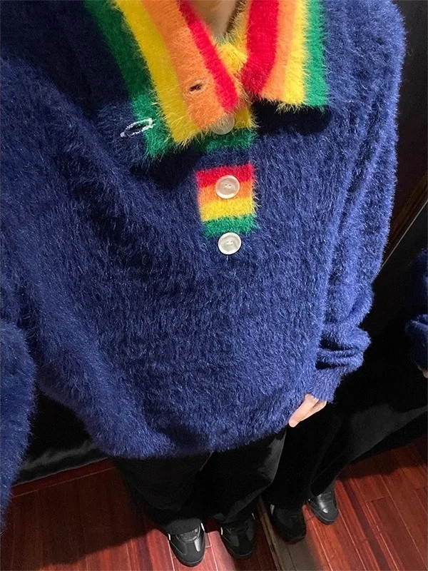 

Мягкий вязаный свитер с воротником в радужную полоску, свободный высокий мужской осенне-зимний теплый вязаный свитер для ленивых ретро-пар