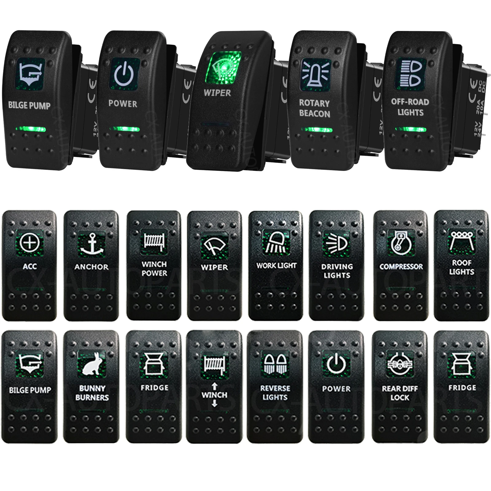 12V/24V Marine Rocker Switch Green LED SPST ON-OFF & DPDT ON-OFF-ON Momentary Toggle for 4x4 Off-Road RZR ATV ARB Carling Style