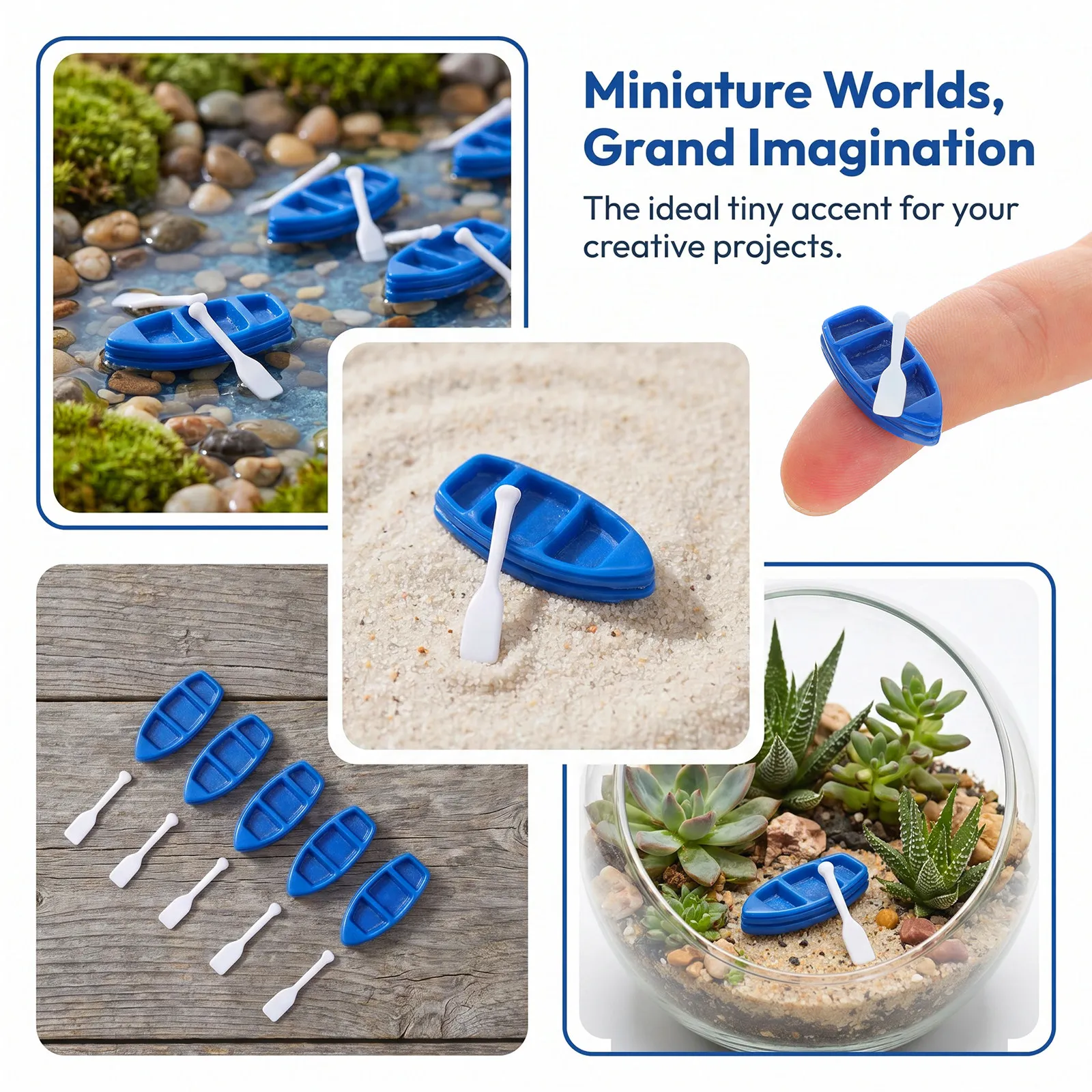 20 Set Miniature Resin Boat Rowboat Canoe Hawaiian Beach Theme Fairy Garden Decoration Cake Topper Dark Blue Mini Boat