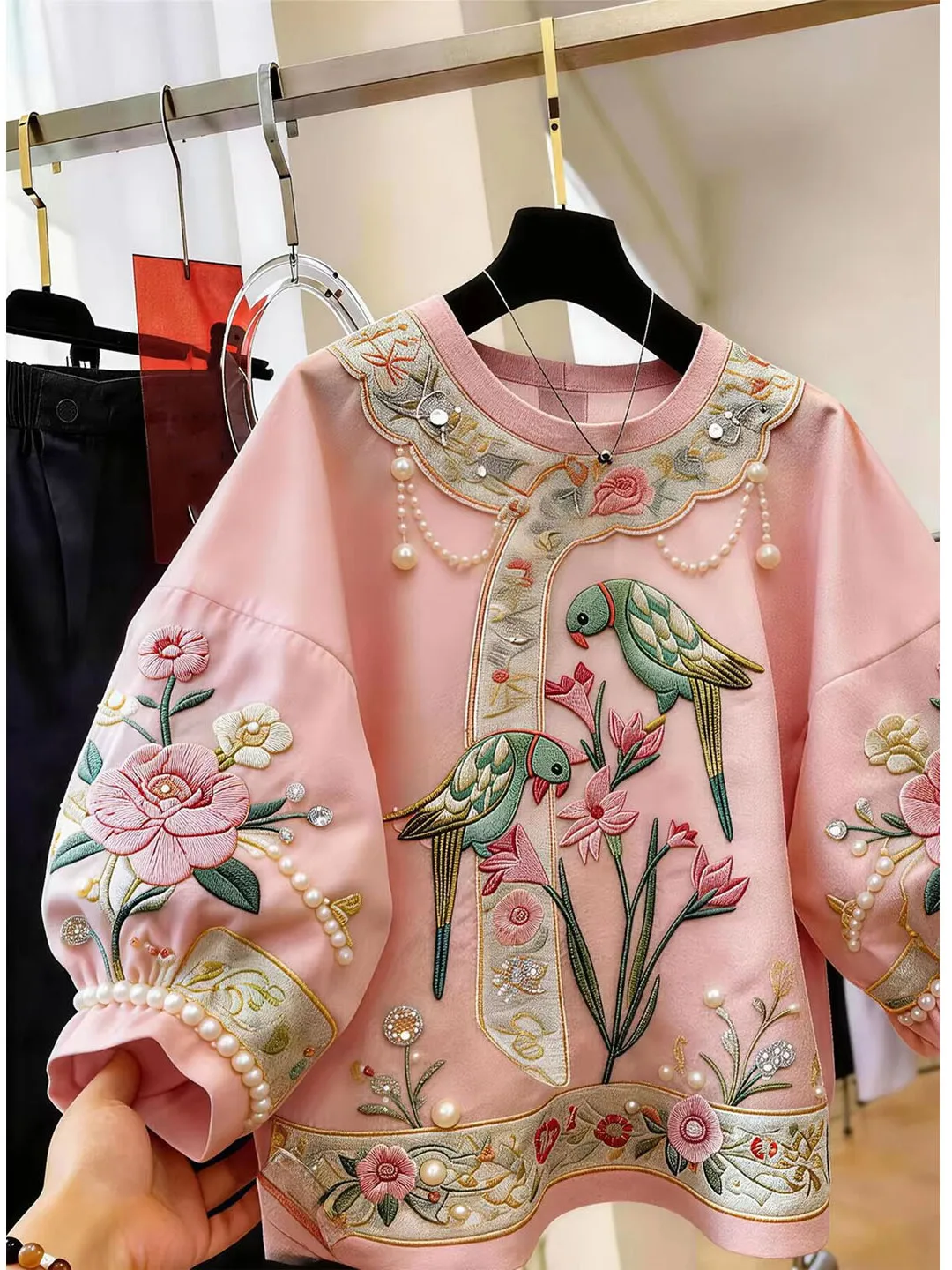Elegant Fashion Top Korean Style Casual Loose Fit Beaded Luxury Women's T-shirt Autumn Season Seven Sleeve Ladieswear