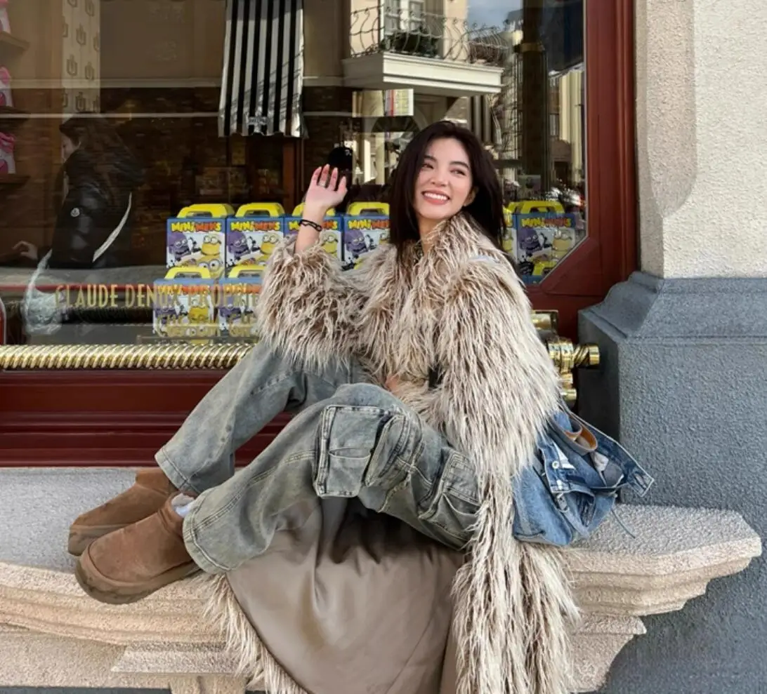 عالية الجودة الشتاء ضوء القهوة التدرج شعر فو الأغنام الفراء اضافية معطف طويل المرأة فضفاضة الدافئة أشعث سترة Vintage ملابس خارجية #2