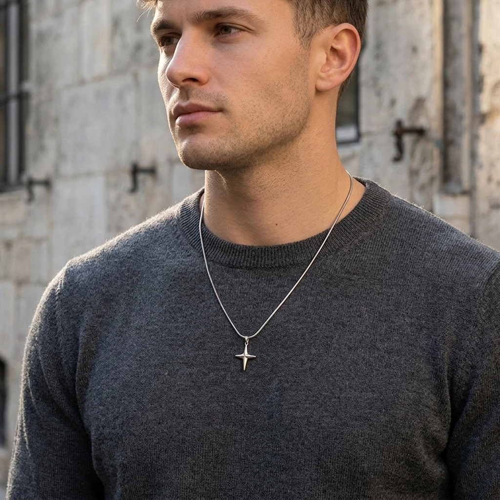 Men's Titanium Steel Cross Necklace With Star Pendant Medical Grade Allergy-Free Black And Silver Dual Tone 45+5cm
