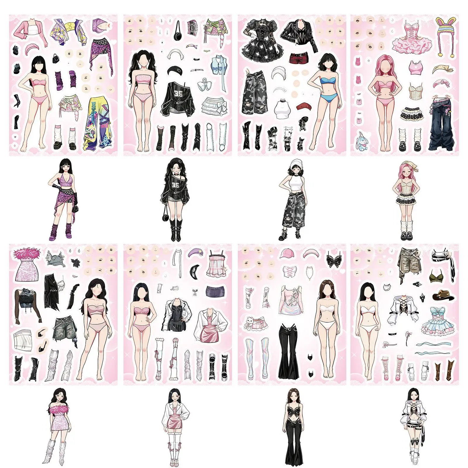 8 PCS Cute Girl Fashion Dress Up Stickers Mix and Match Clothes Make a Face Puzzle Toy Party Favors