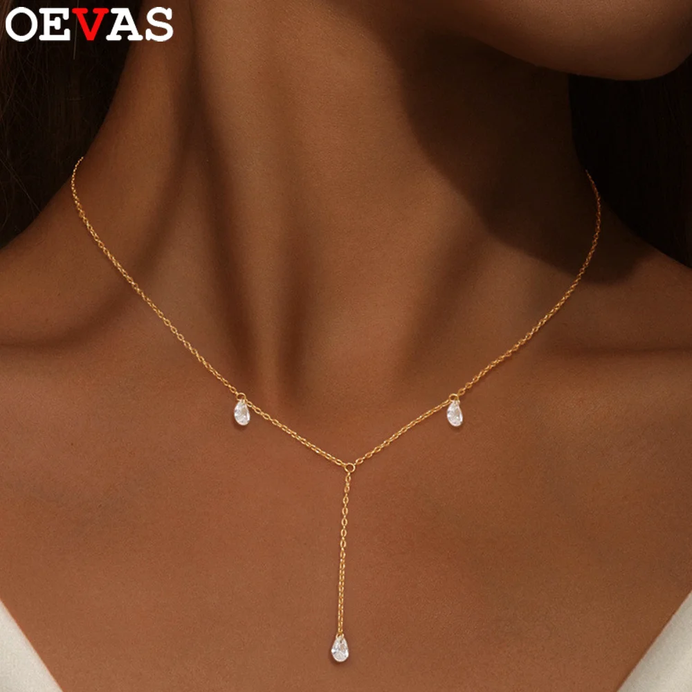 

OEVAS 100% S925 Silver 4*6mm Full Zircon Tassel Necklace For Women Plated 18K Gold Lab Diamond NeckChain Party Wedding Jewelry