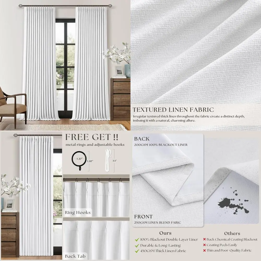

90 Pure White Thermal Insulated Blackout Pleated Curtains for Living Room & Bedroom