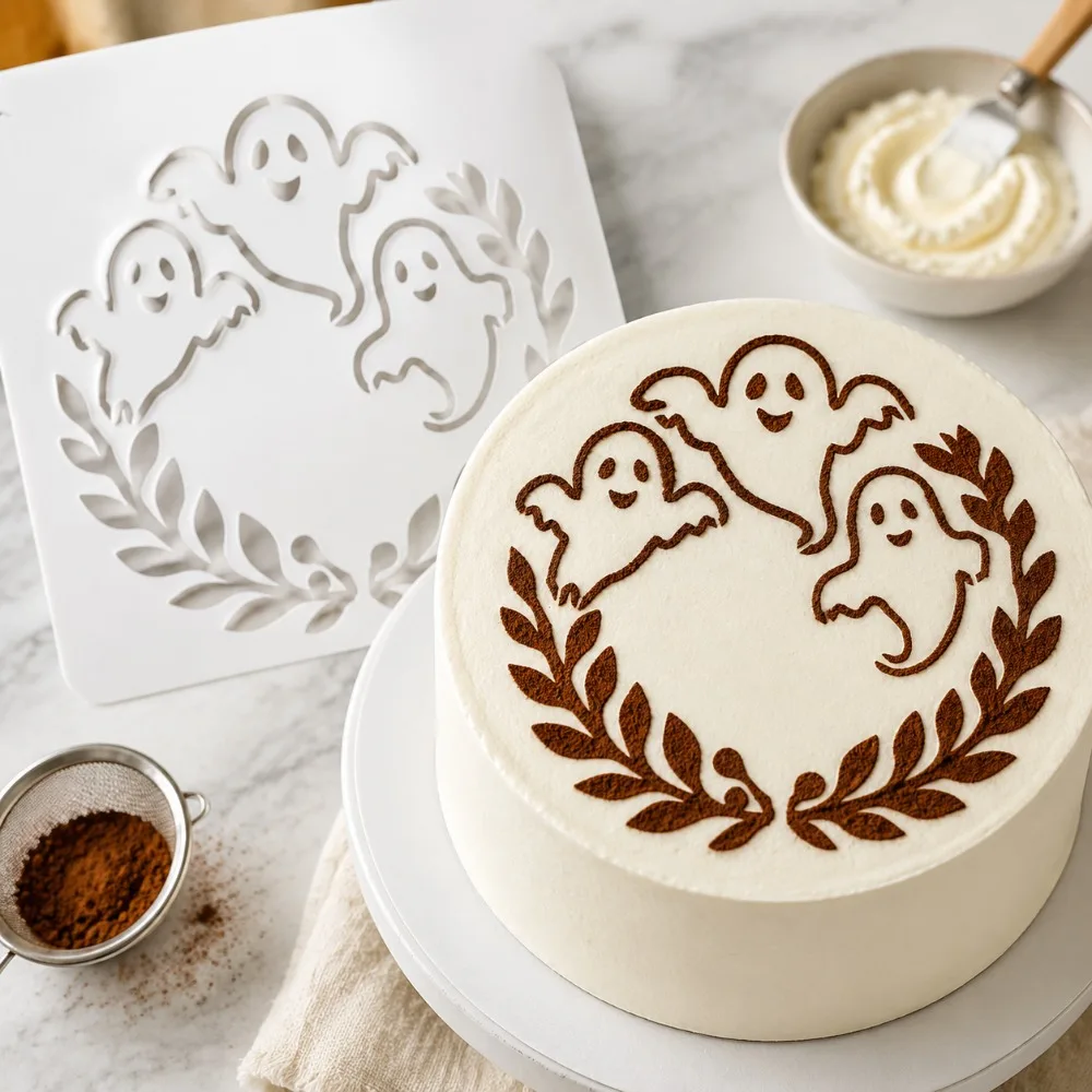 Halloween Cute Ghost Laurel Wreath Cake Stencil Food Grade PET Hollow Template for Cookie Fondant Dessert Decor