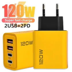 총 120W USB 충전기, 4 포트 C 타입 PD 고속 충전 휴대폰 충전기 어댑터, 아이폰 삼성 샤오미 EU/US 플러그 벽 충전기