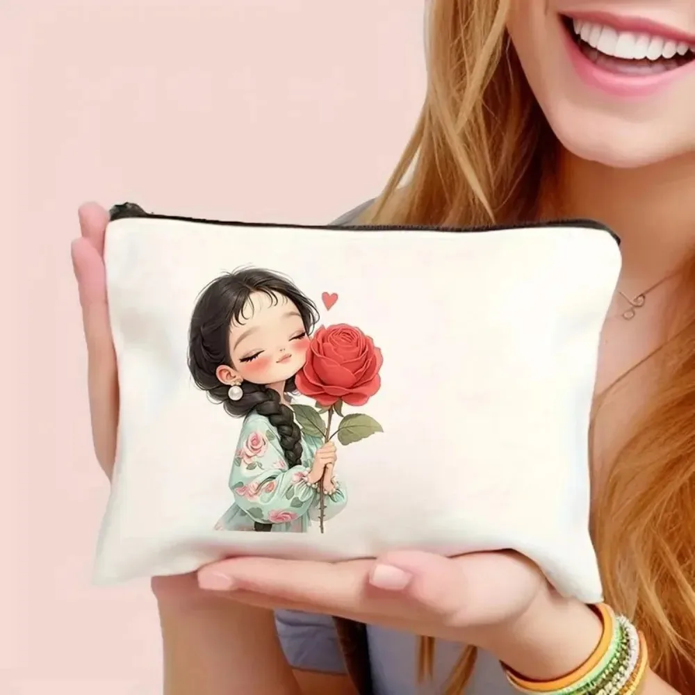 ヴィンテージシックな化粧バッグ ジッパー開閉 大容量 女の子用化粧ポーチ かわいい女の子柄 ペンケース 旅行収納バッグ