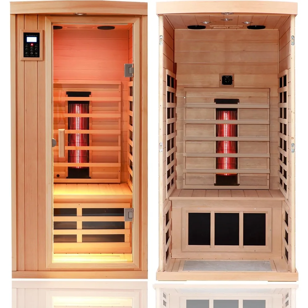 Ceramic 1 Person Infrared Sauna Far Infrared Saunas for Home Hemlock Wood Indoor Sauna Room 2 in 1 Sauna with Low EMF Heaters +