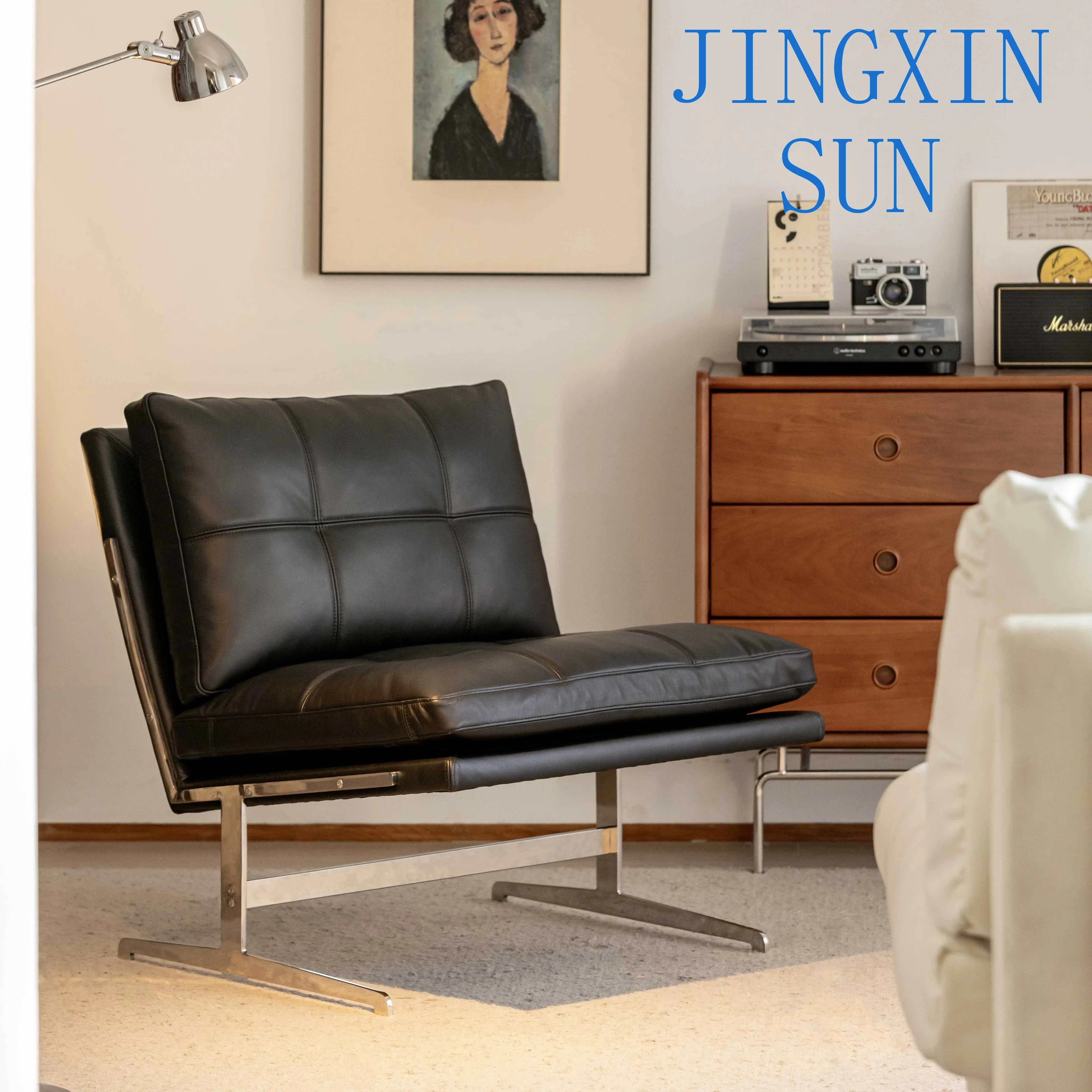 -Nordic Retro Single Sofa Chair Living Room Balcony Saddle Leather Designer Stainless Steel Frame Black Leather Chair