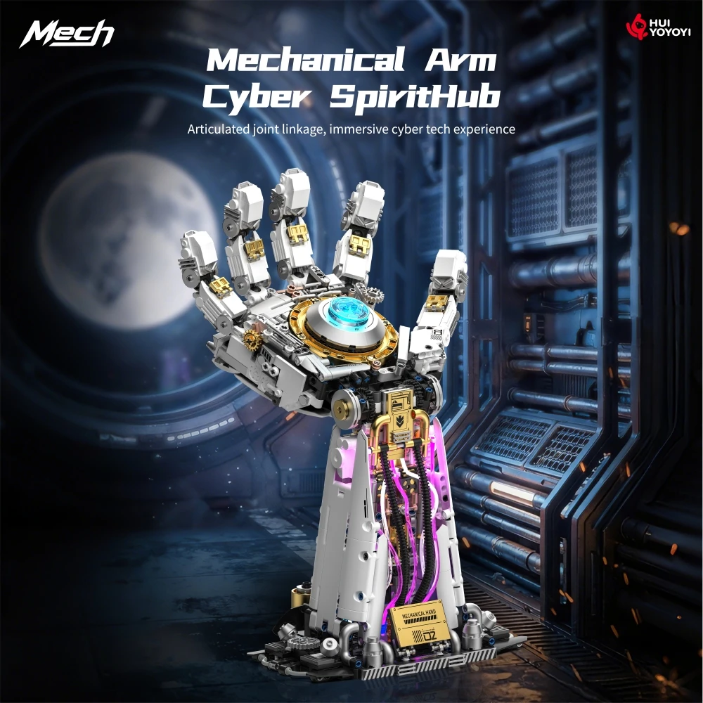 

1424 PCS MOC Cyberpunk Mechanical Hand Blocks Toy, DIY Motorized & Lighted, Articulated Wrist, Battery Box, Home Decor Gift