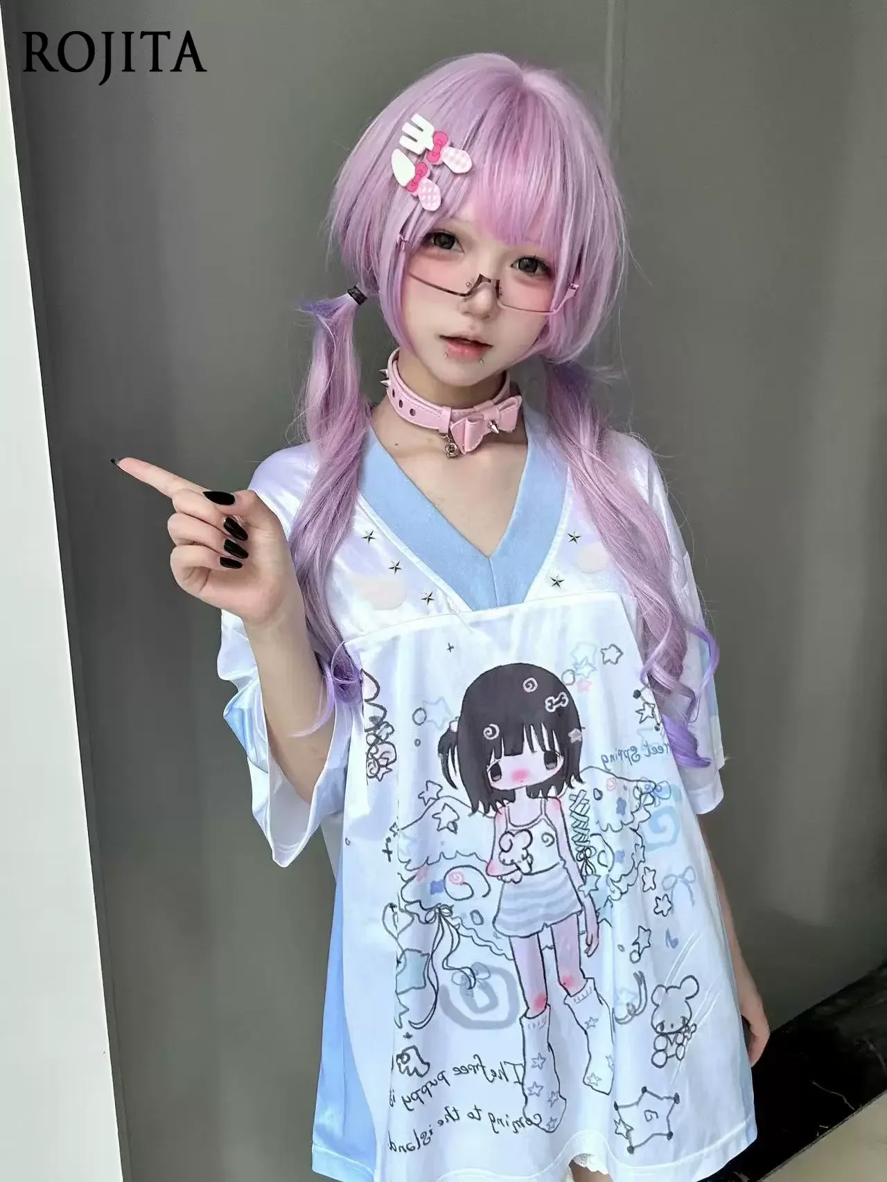 

Japanese Cute Cartoon Print Short-sleeved T-shirt Women Summer Sweet Cool Oversized T Shirt Splicing Color V Neck Kawaii Tops