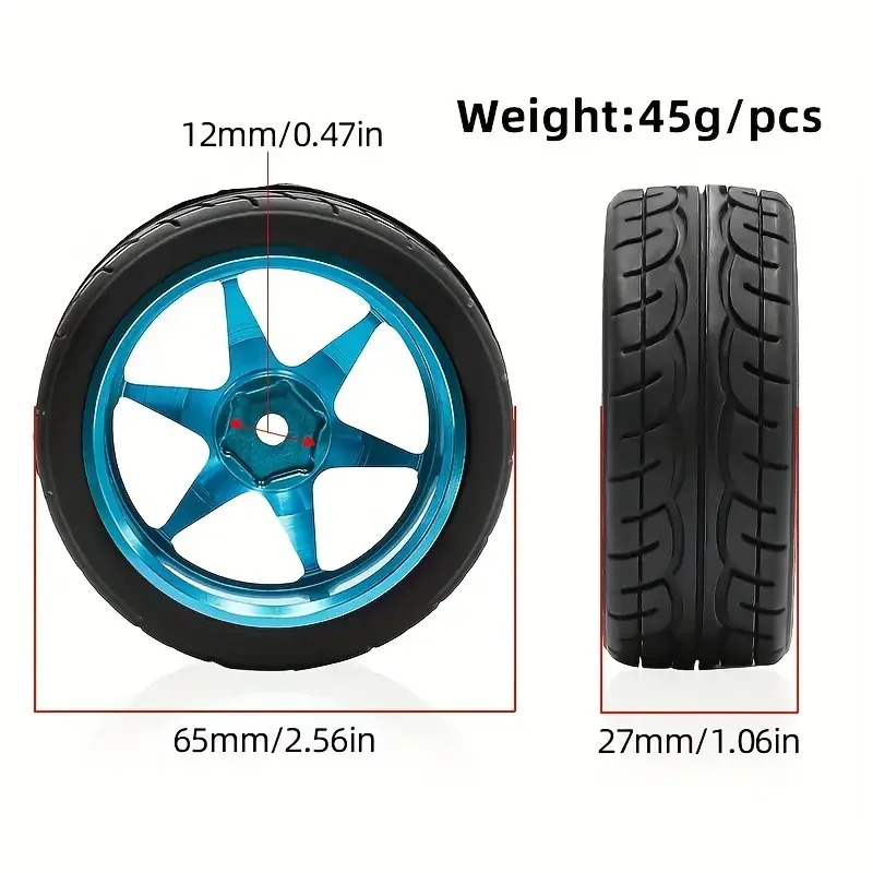 4PCS 1/10 Scale RC Rally Tires And Aluminum Wheels 2.56' Diameter for Tamiya  TT01 XV01 HPI Traxxas PTG2 A959 Durable High Grip