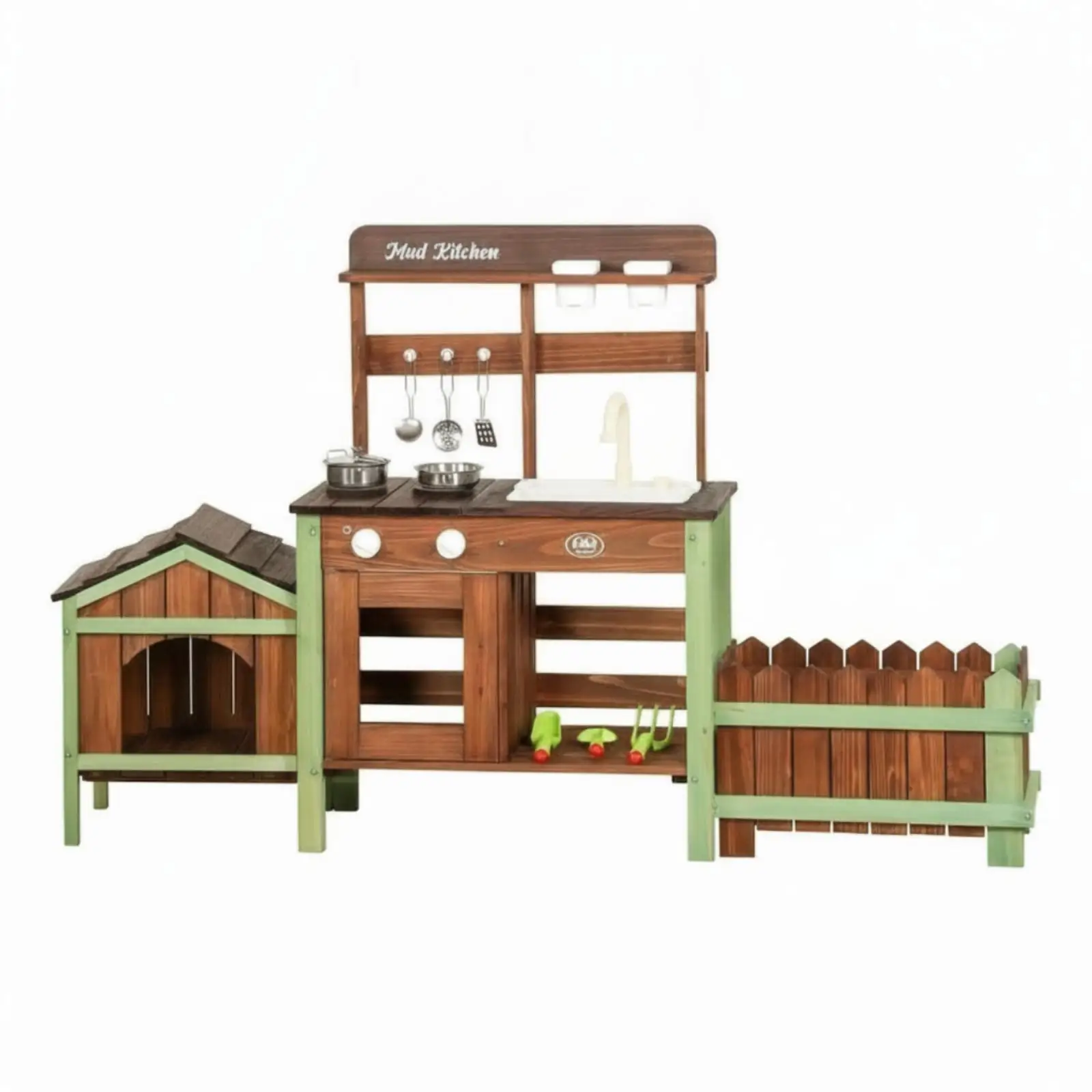 Wooden Outdoor-Pretend Kitchen Built-in Sink Wood-Look Play Kitchen Planter Box Pretend Cooking Playset