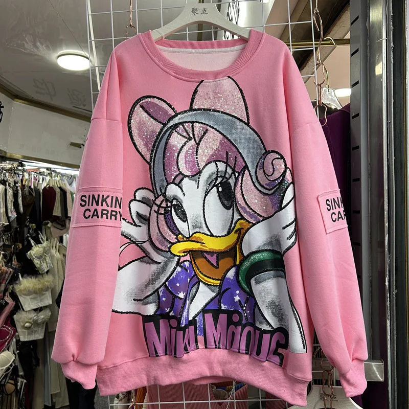 Heavy Industry Unique Design Sequin Print Cartoon Loose Long Sleeves Sweatshirt Autumn Fashion Versatile Top O-neck Hoodies Girl