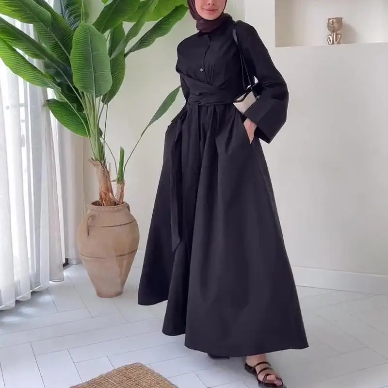 

Elegant High Waist Shirt Dress with Belt for Women Long Sleeves Turn-down Collar Commute Dress Autumn 2024 Fashion Trend