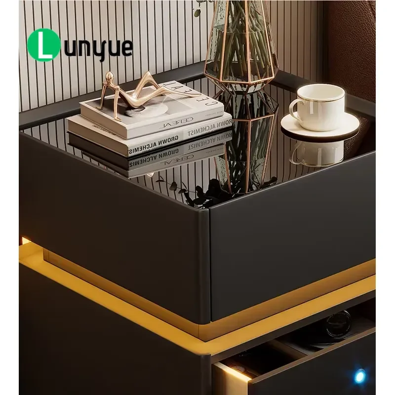 Smart Wireless Charging Bedside Table with Fingerprint Lock Bluetooth Speaker LED Light and Drawer Storage for Modern Bedroom