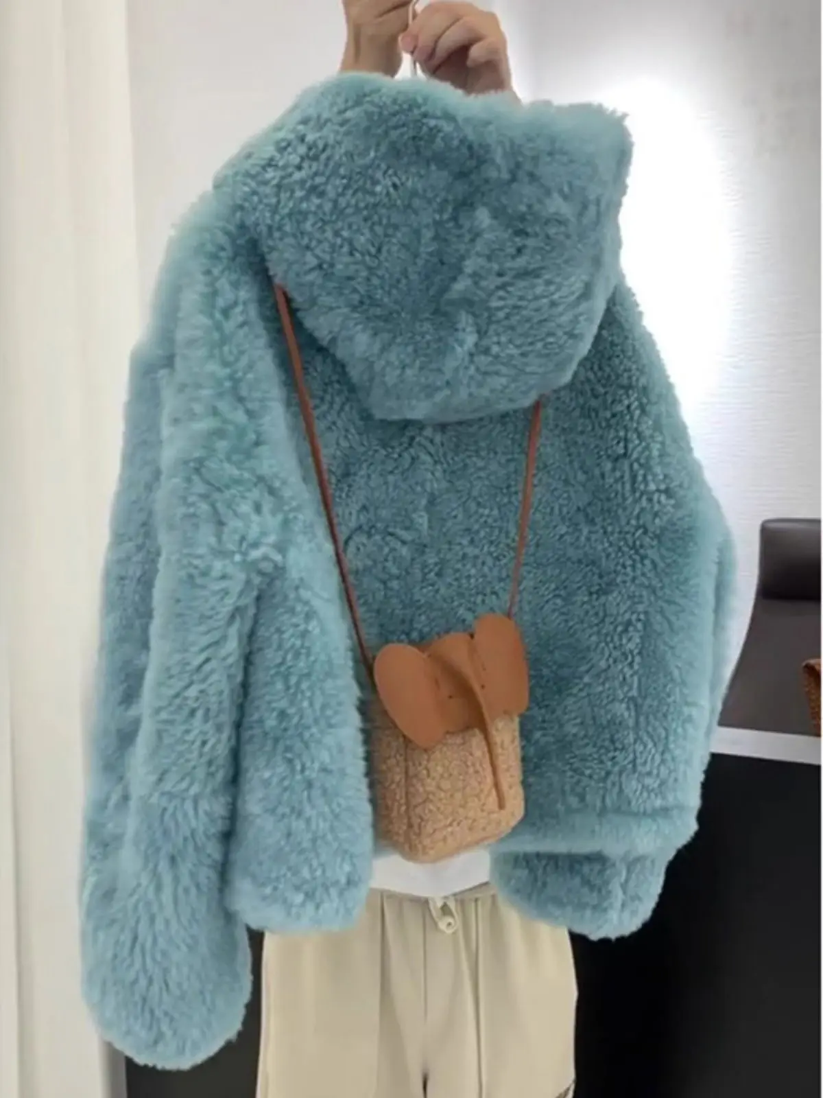 Ladies' Short Blue Cotton Jacket Lambskin Simulation Korean Style Lazy Fashionable Hooded Top for Young Women Summer Autumn