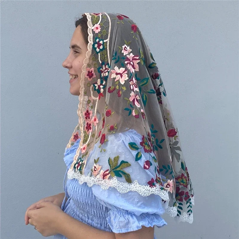 

Embroidered Floral Mantilla Latin Mass Church Veils Catholic Chapel Women White Black Lace Trim Pink Red Flowers Tulle Vintage